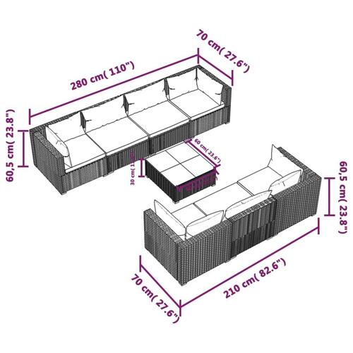 Loungesæt til haven 8 dele med hynder polyrattan sort