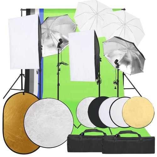 Fotostudiesæt med lampesæt + baggrund og reflektor