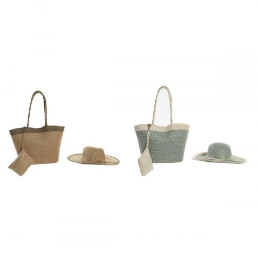 Strandtaske - Brun/Grøn/Beige/Mint, fiber, 43 × 10 × 28 cm (2 enheder)
