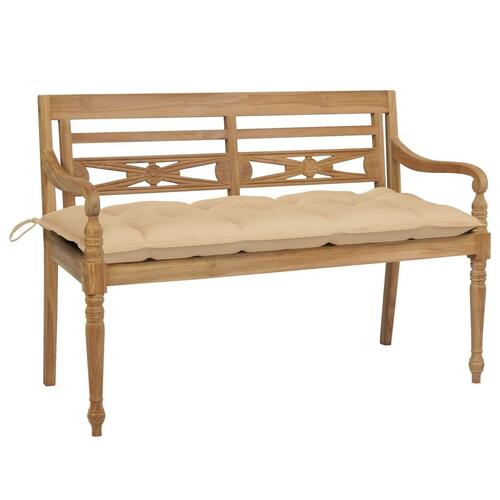 Batavia-bænk med beige hynder 120 cm massivt teaktræ