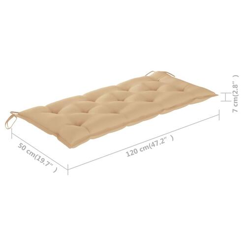 Batavia-bænk med beige hynder 120 cm massivt teaktræ