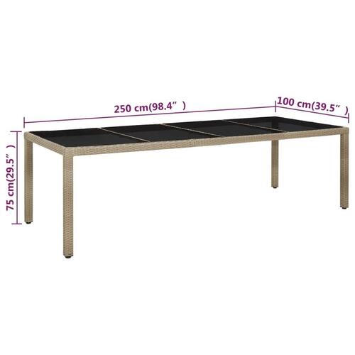 Havebord 250x100x75 cm hærdet glas og polyrattan beige