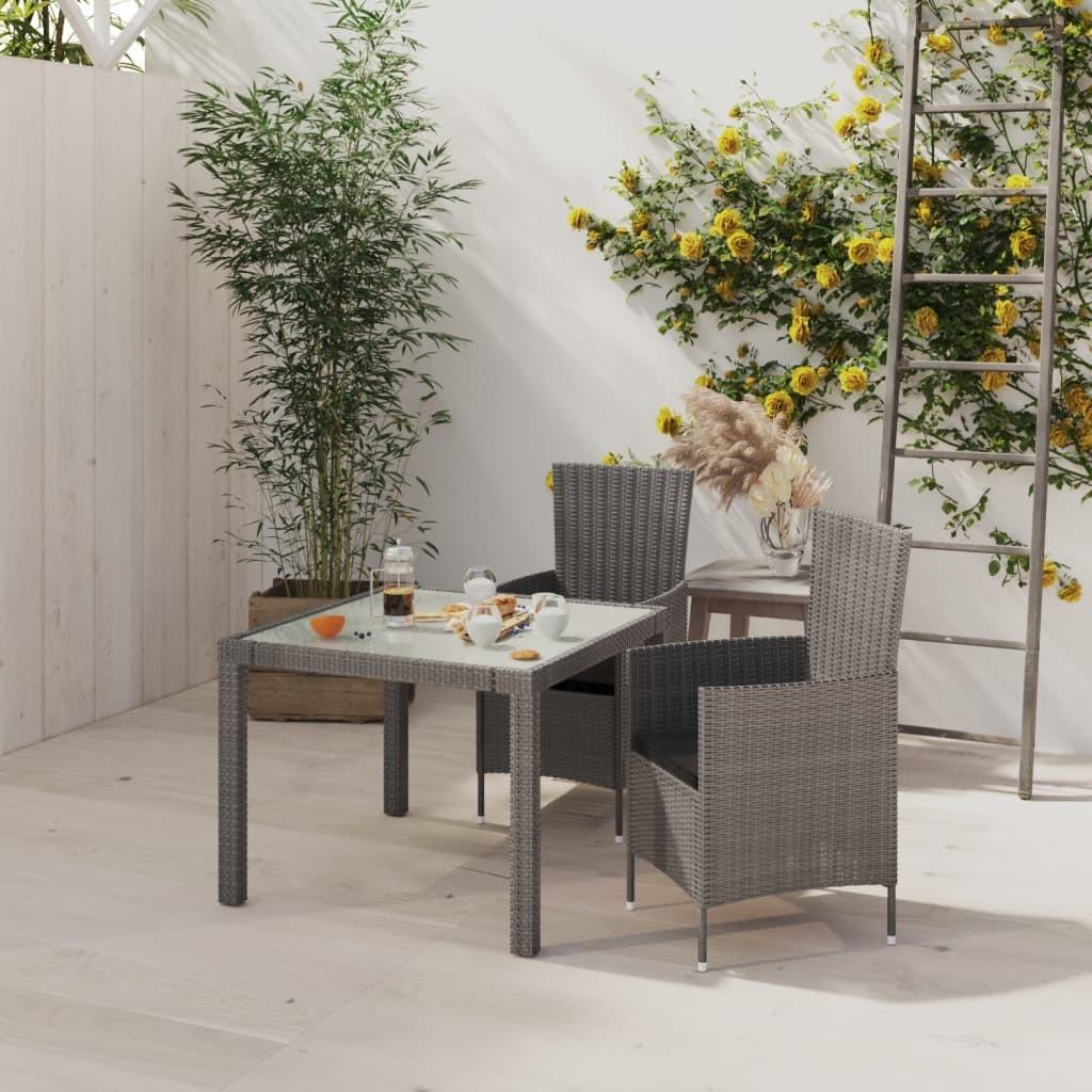 Udendørs spisebordssæt 3 dele med hynder polyrattan grå