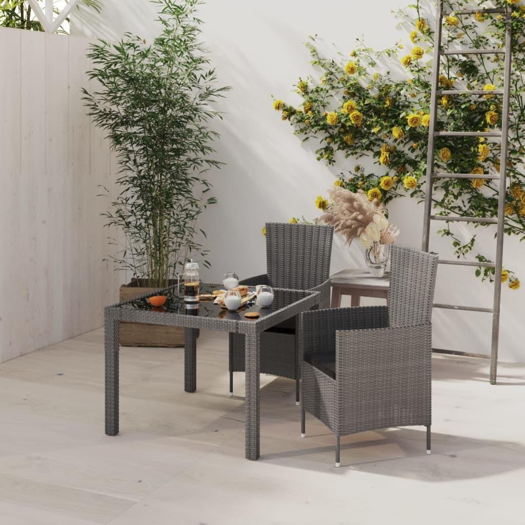 Udendørs spisebordssæt 3 dele med hynder polyrattan grå