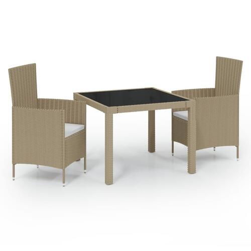 Udendørs spisebordssæt 3 dele med hynder polyrattan beige