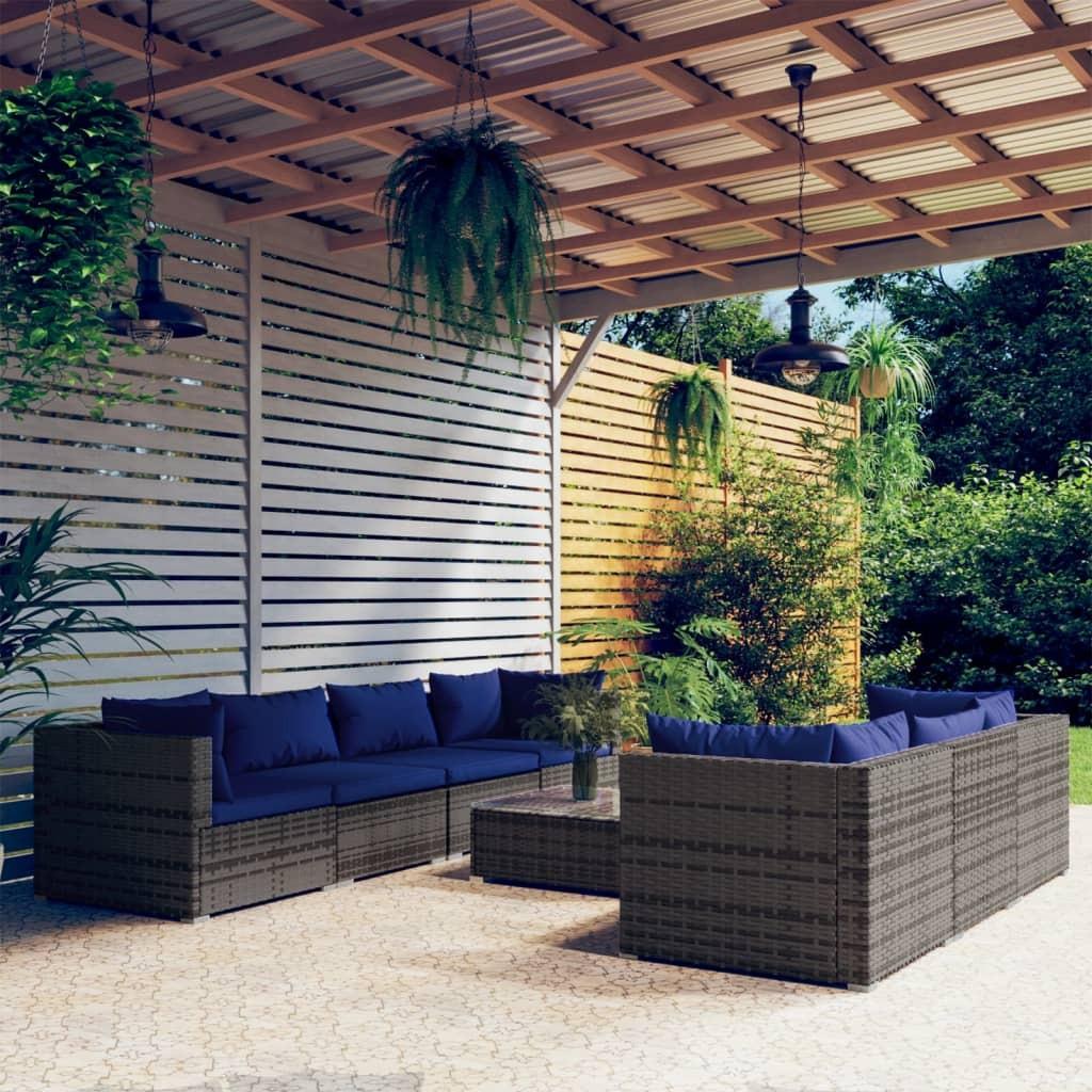Loungesæt til haven 8 dele med hynder polyrattan grå
