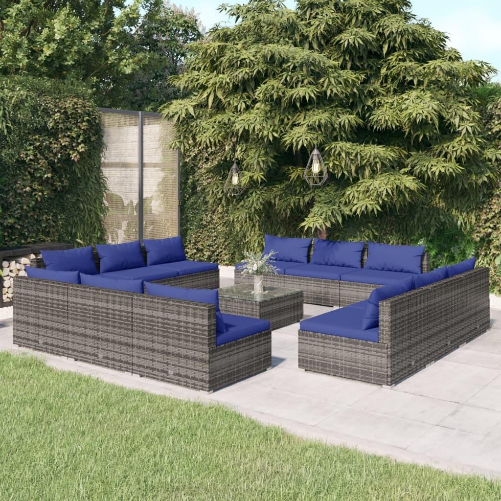 Loungesæt til haven 13 dele med hynder polyrattan grå