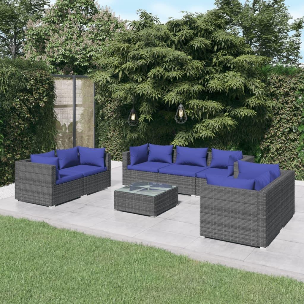 Loungesæt til haven 8 dele med hynder polyrattan grå