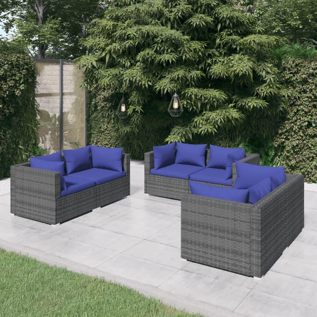 Loungesæt til haven 6 dele med hynder polyrattan grå