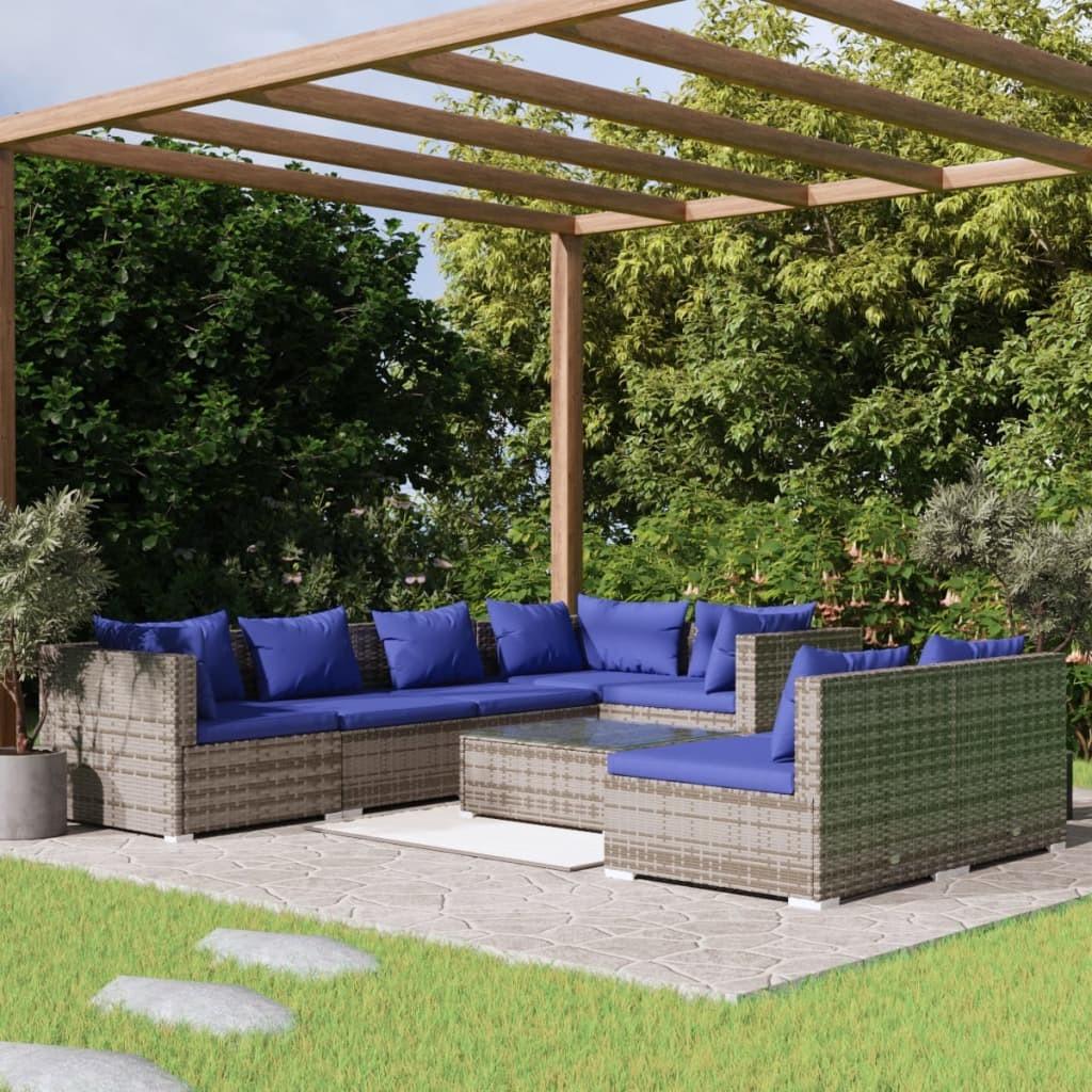 Loungesæt til haven 8 dele med hynder polyrattan grå