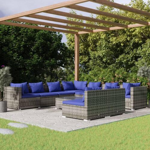 Loungesæt til haven 10 dele med hynder polyrattan grå