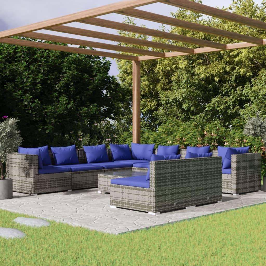 Loungesæt til haven 10 dele med hynder polyrattan grå