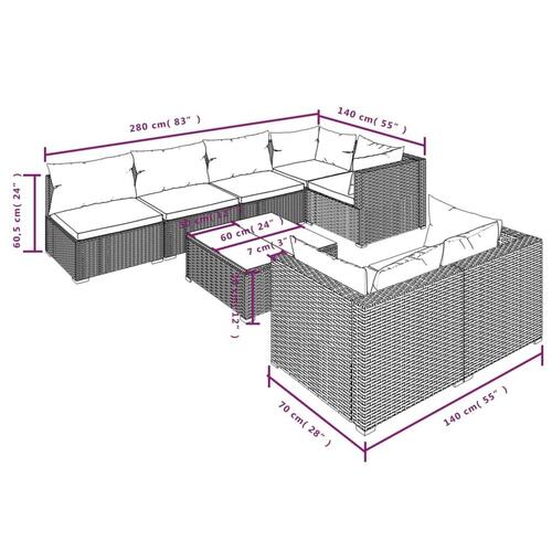 Loungesæt til haven 8 dele med hynder polyrattan grå