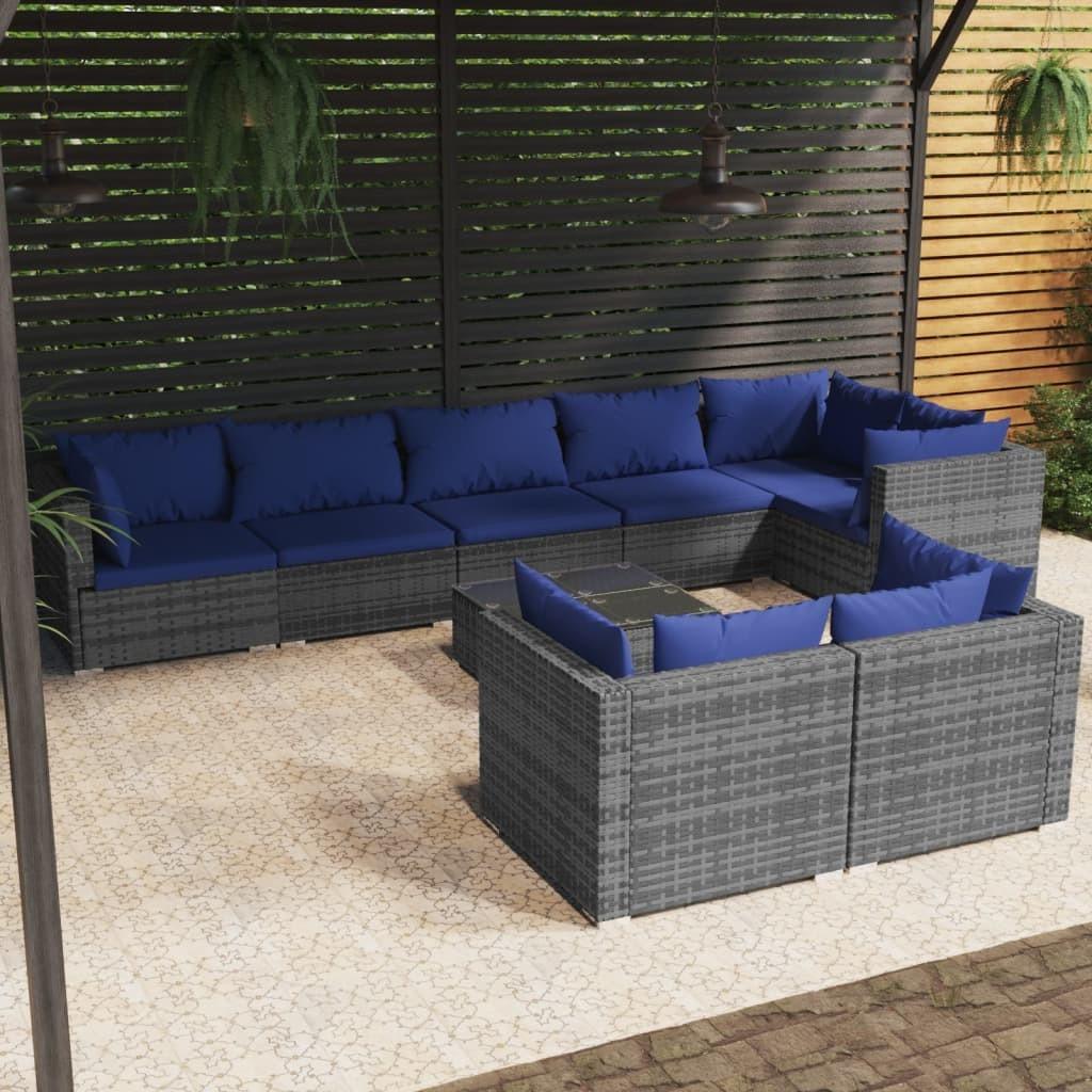 Loungesæt til haven 9 dele med hynder polyrattan grå