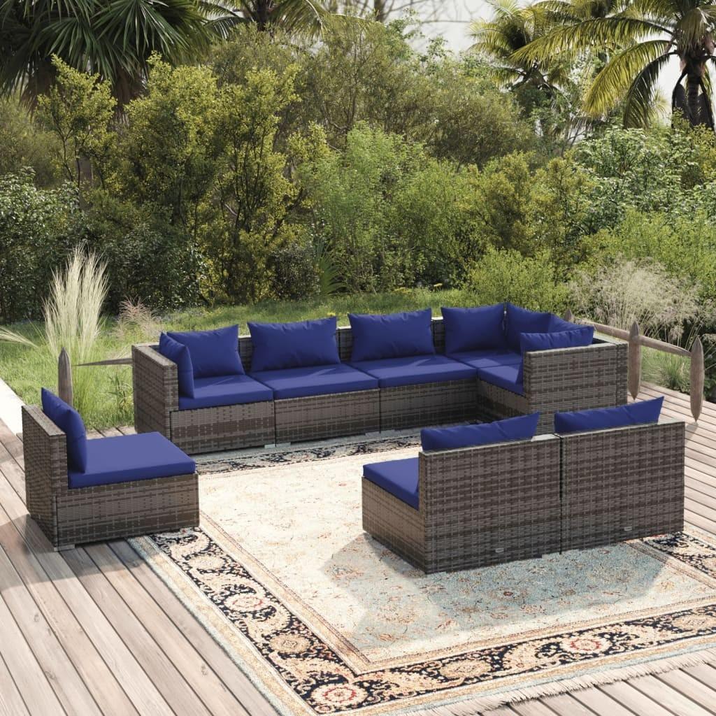 Loungesæt til haven 8 dele med hynder polyrattan grå