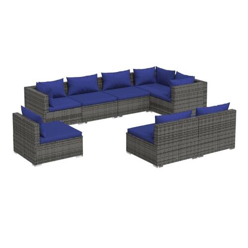 Loungesæt til haven 8 dele med hynder polyrattan grå