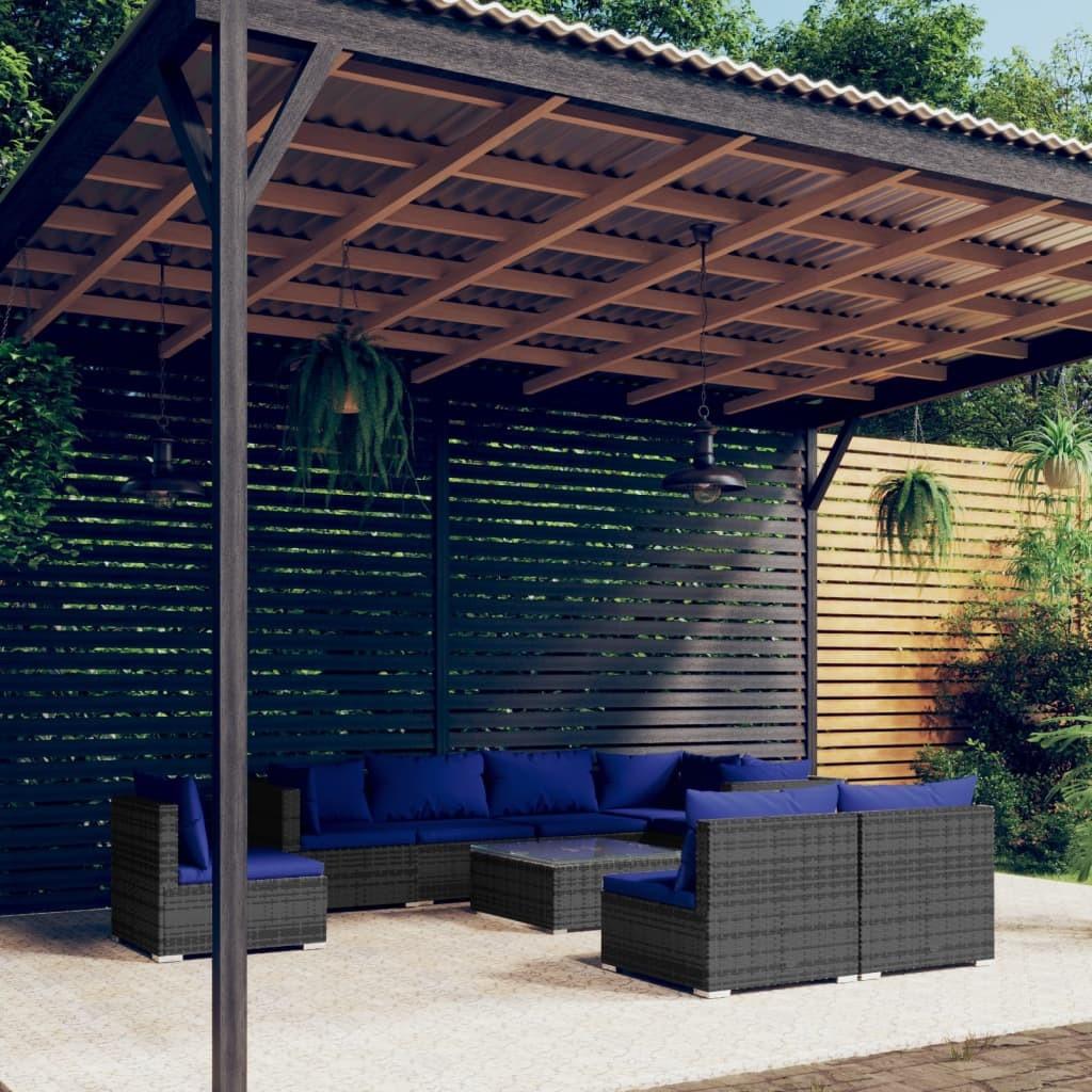 Loungesæt til haven 9 dele med hynder polyrattan grå