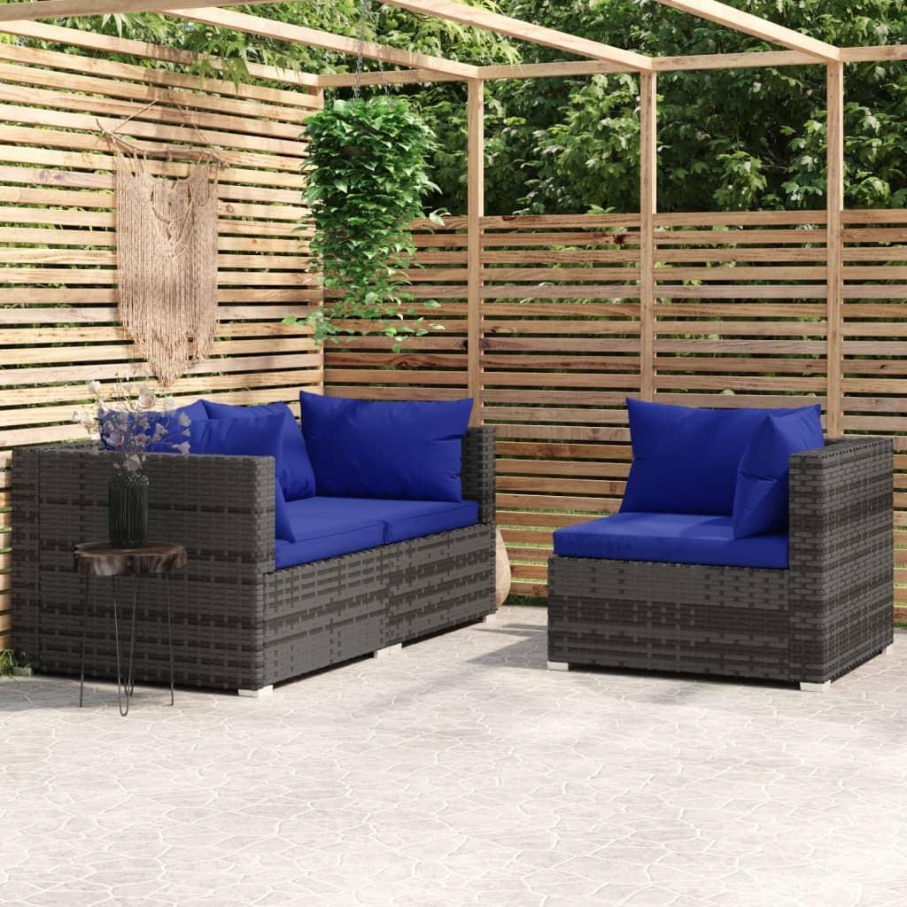 Loungesæt til haven 3 dele med hynder polyrattan grå