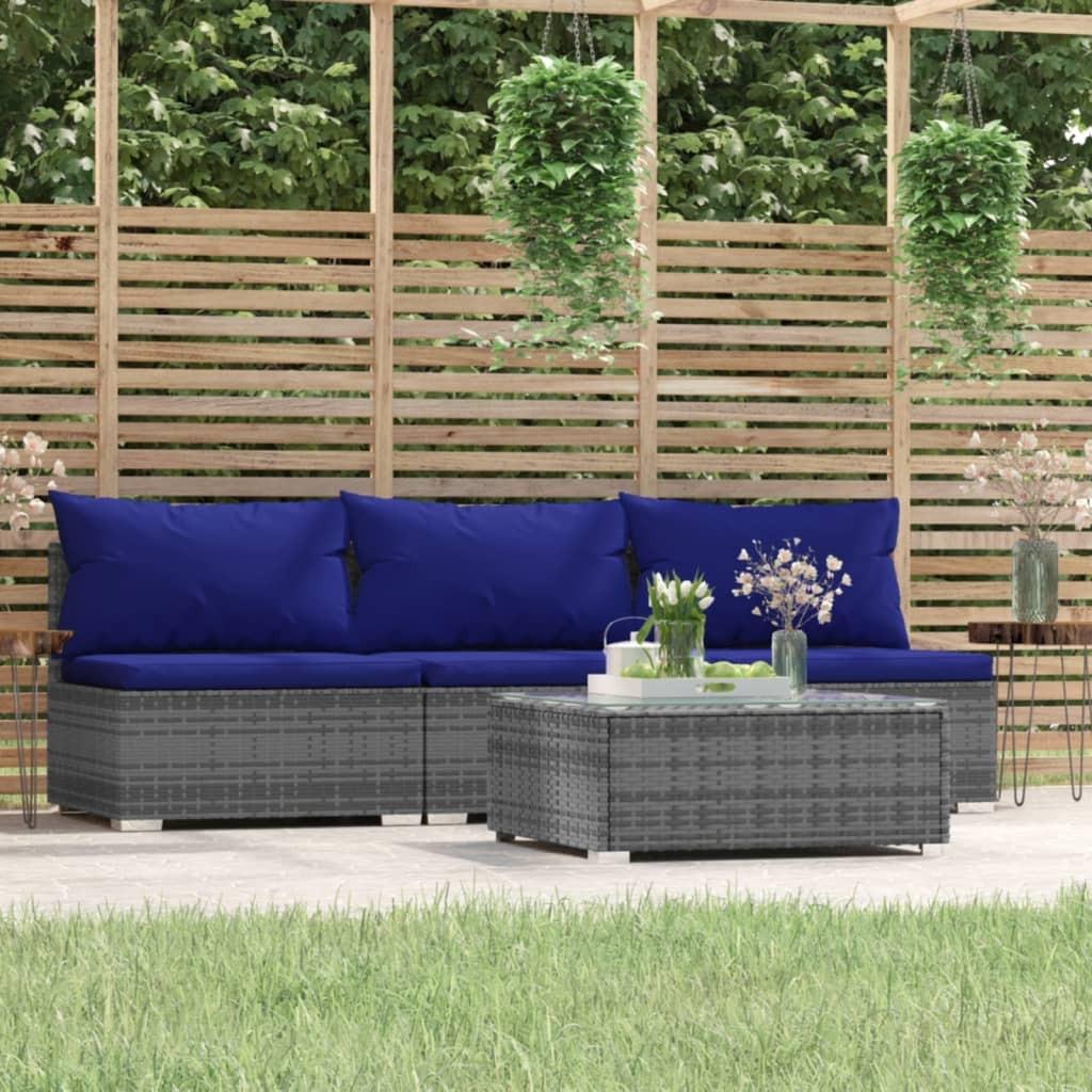 Loungesæt til haven 4 dele med hynder polyrattan grå