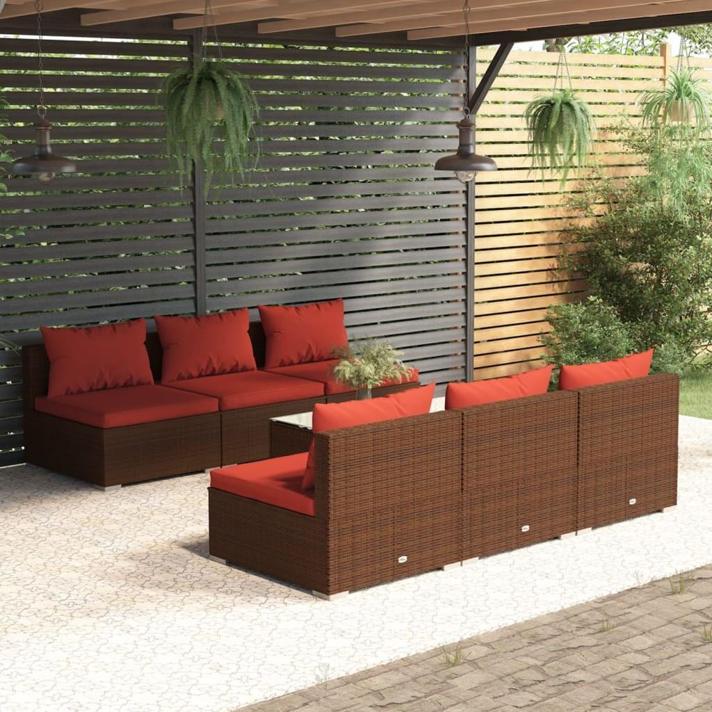 Loungesæt til haven 7 dele med hynder polyrattan brun billede