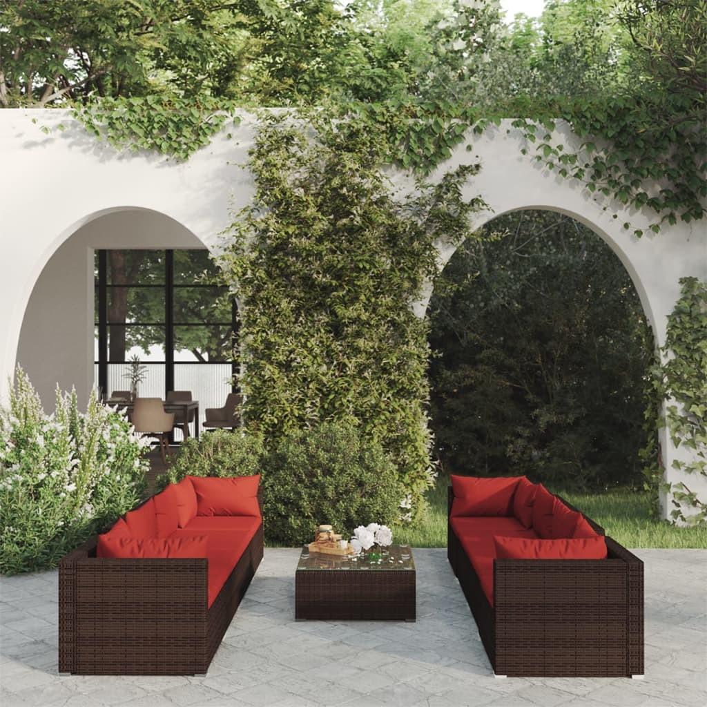 Loungesæt til haven 9 dele med hynder polyrattan brun