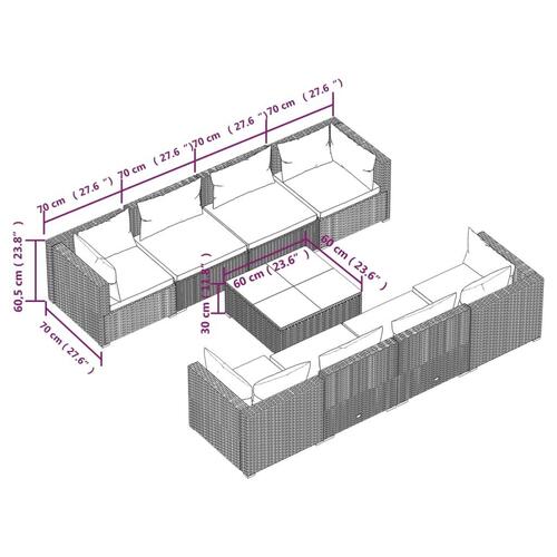 Loungesæt til haven 9 dele med hynder polyrattan brun