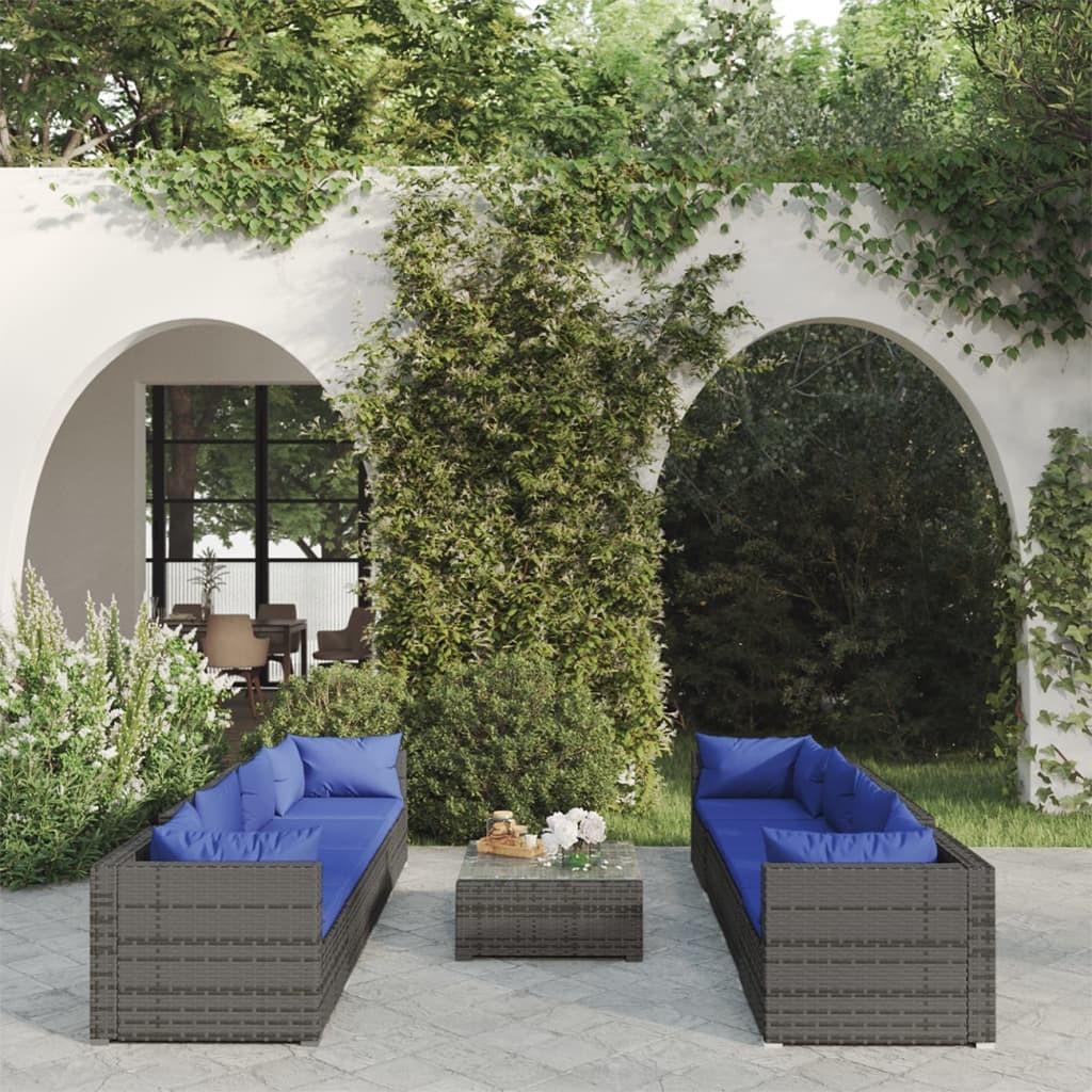 Loungesæt til haven 9 dele med hynder polyrattan grå
