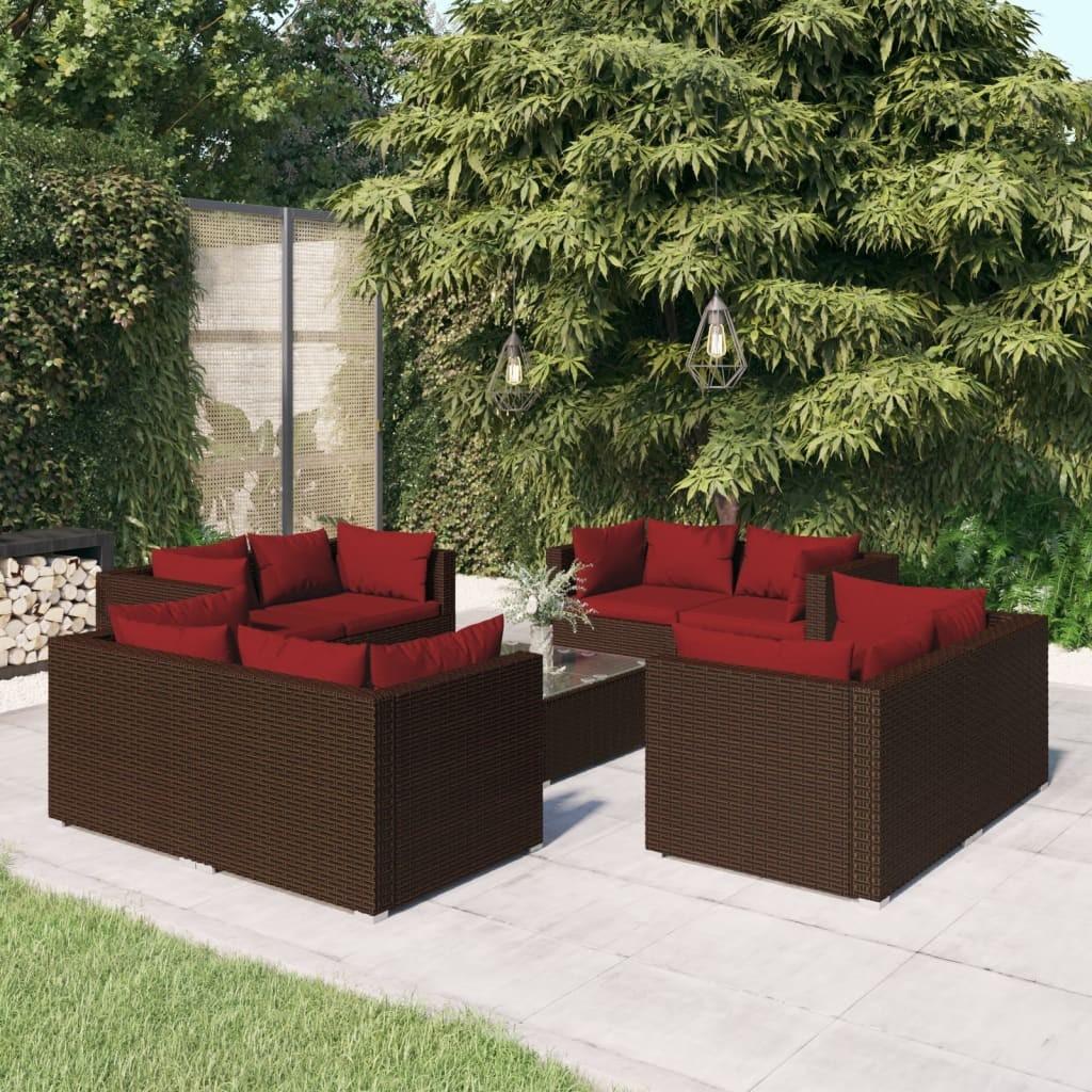 Loungesæt til haven 9 dele med hynder polyrattan brun billede