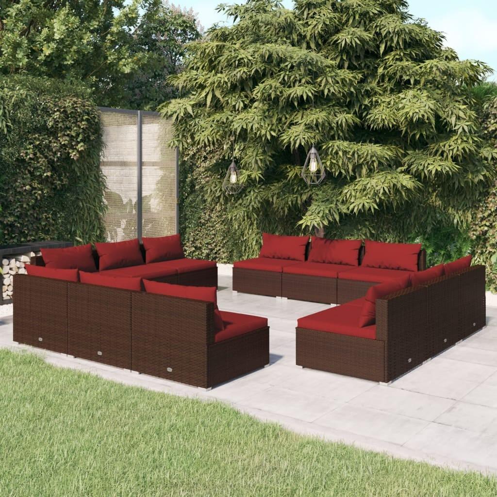Loungesæt til haven 12 dele med hynder polyrattan brun