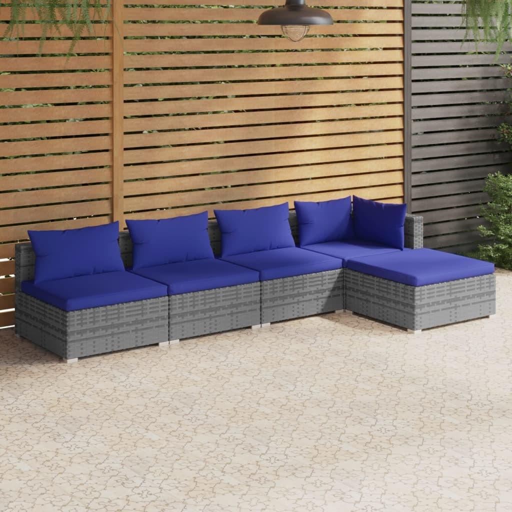 Loungesæt til haven 5 dele med hynder polyrattan grå