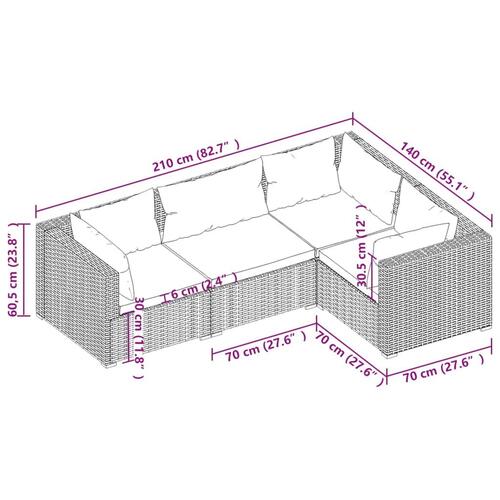 Haveloungesæt 4 dele med hynder polyrattan brun