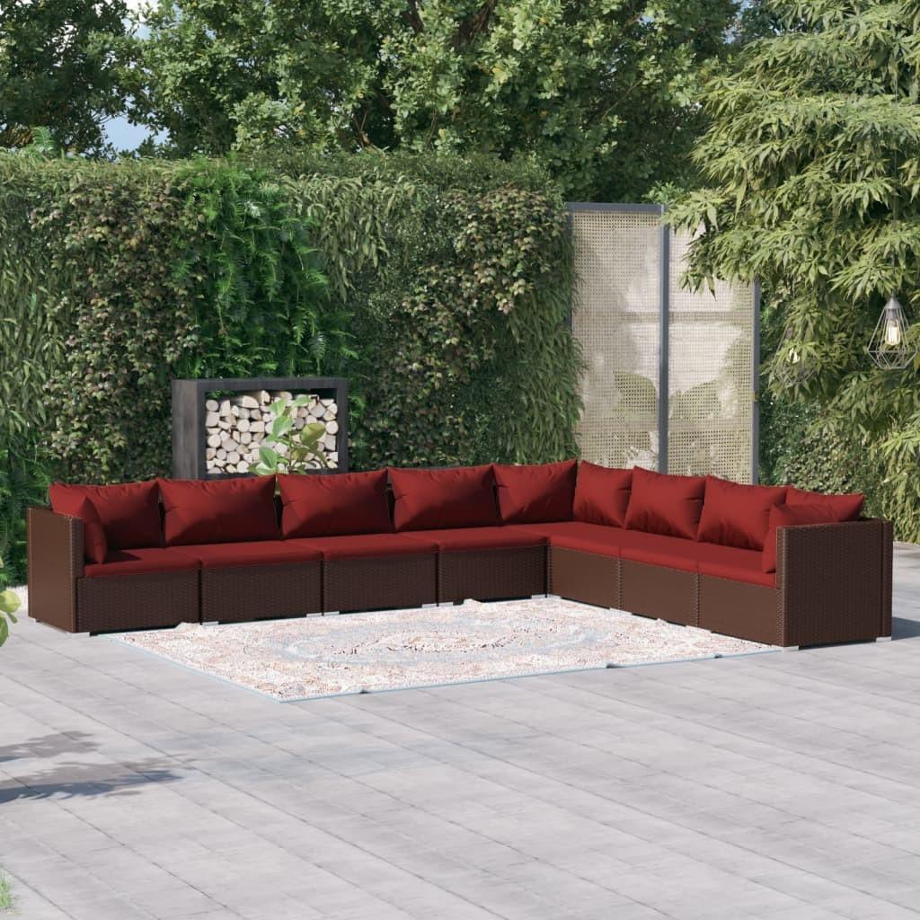 Loungesæt til haven 8 dele med hynder polyrattan brun billede