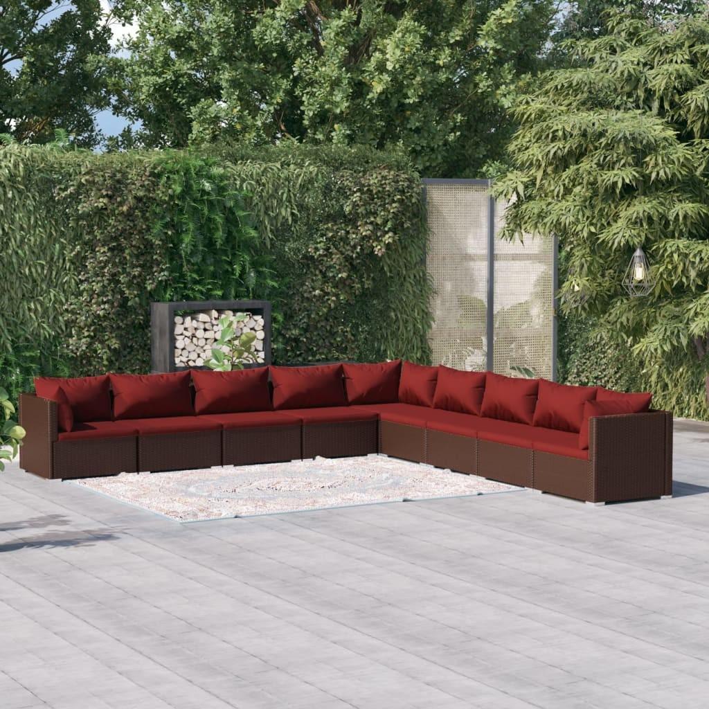Loungesæt til haven 9 dele med hynder polyrattan brun billede