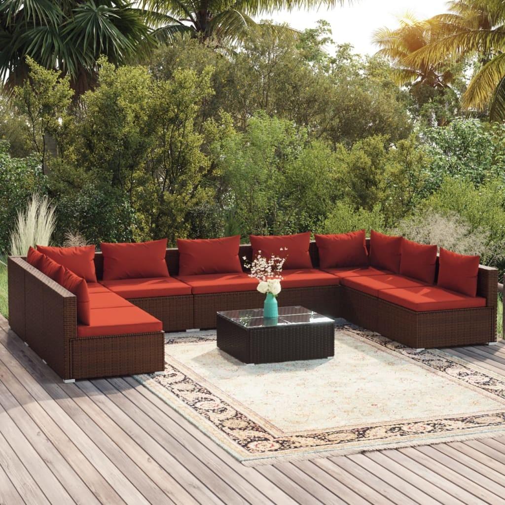 Loungesæt til haven 10 dele med hynder polyrattan brun billede