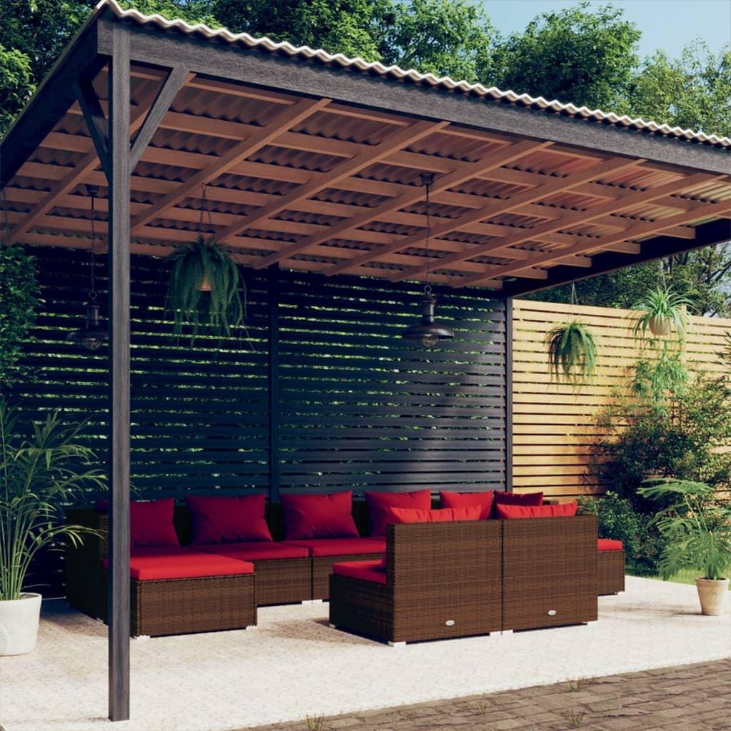 Loungesæt til haven 9 dele med hynder polyrattan brun