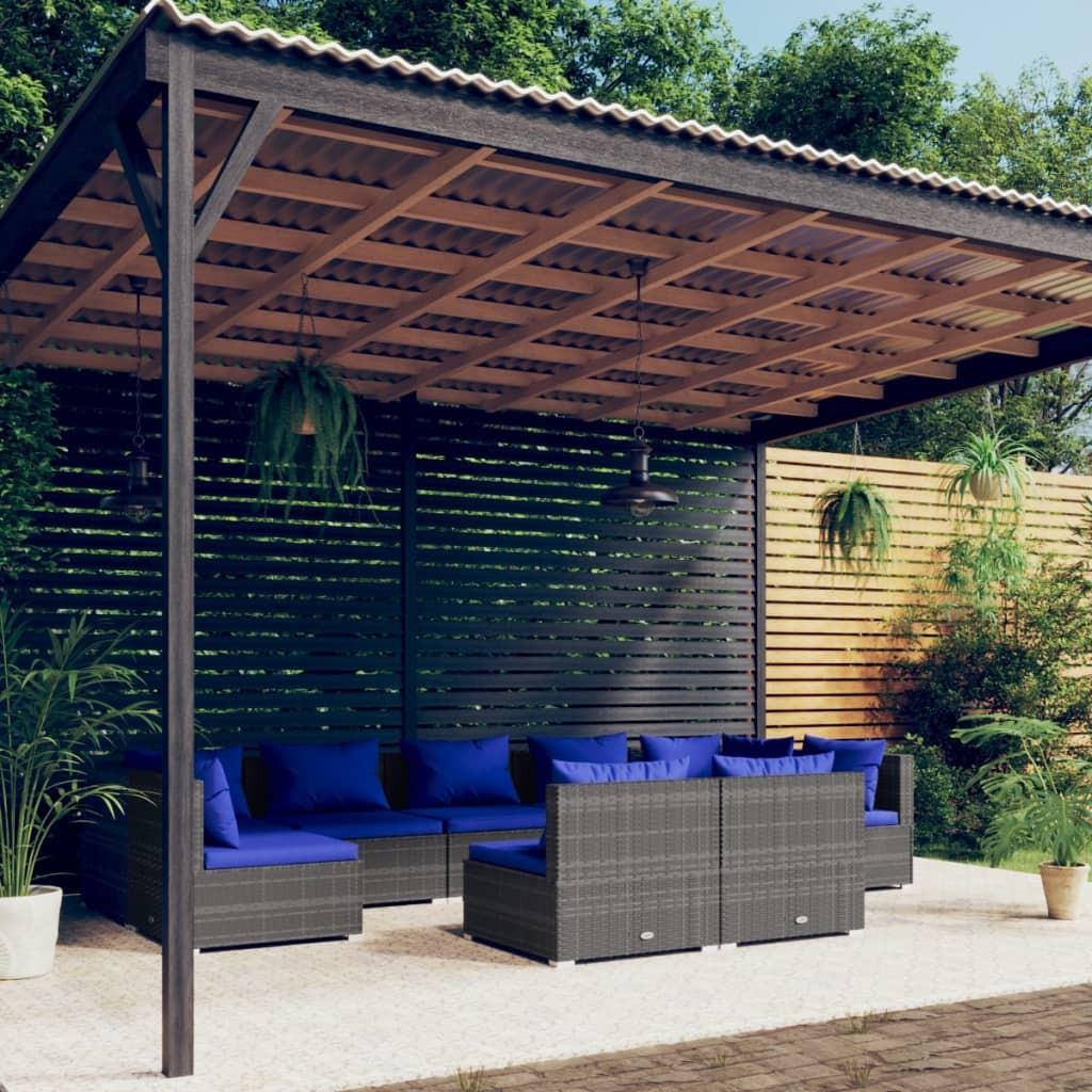 Loungesæt til haven 9 dele med hynder polyrattan grå