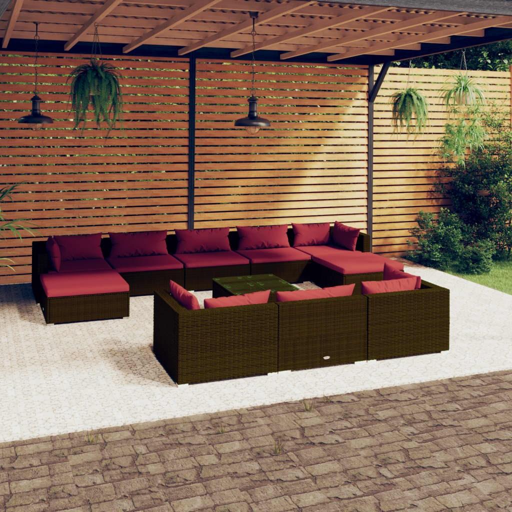 Loungesæt til haven 11 dele med hynder polyrattan brun