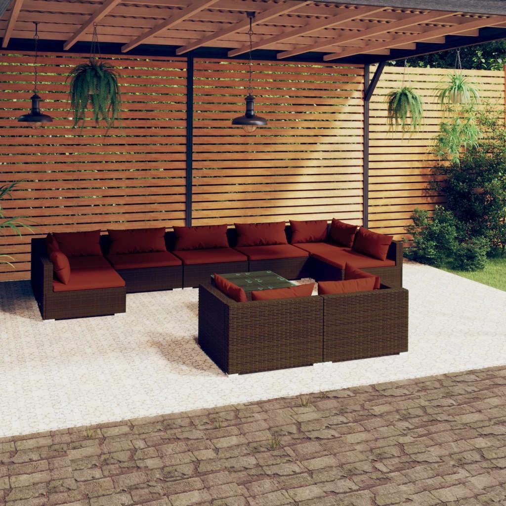 Loungesæt til haven 10 dele med hynder polyrattan brun billede