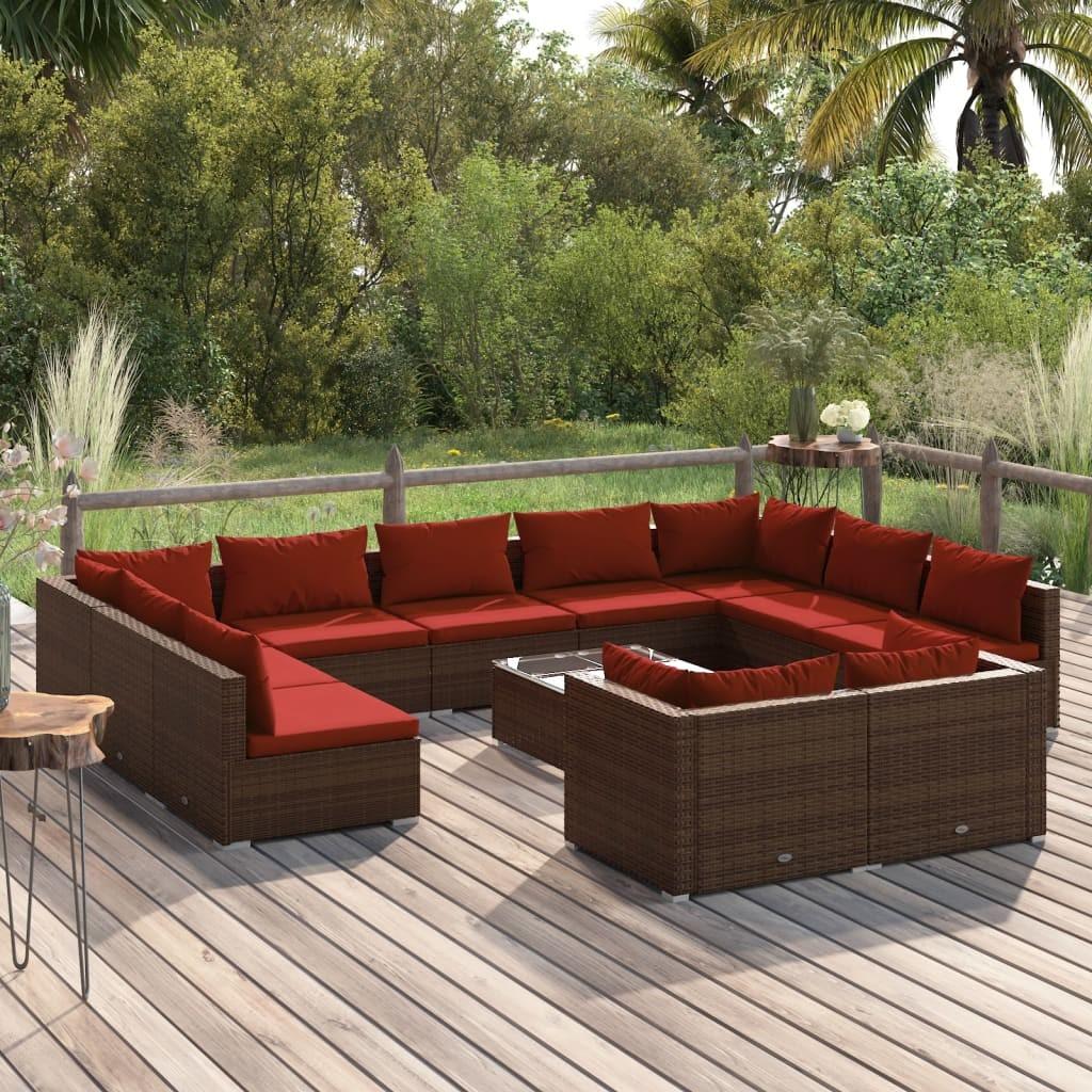 Loungesæt til haven i polyrattan - 12 dele, brun/kanelrød