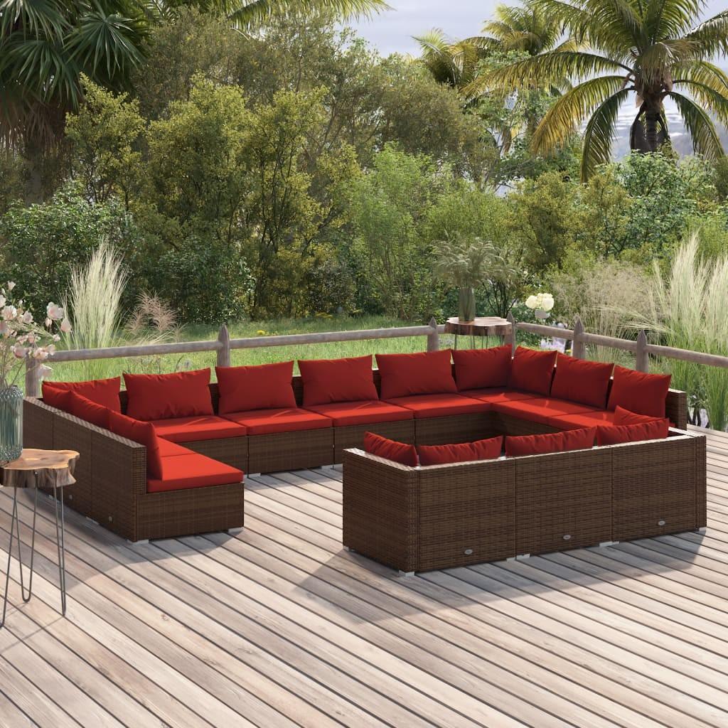 Loungesæt til haven 13 dele med hynder polyrattan brun billede