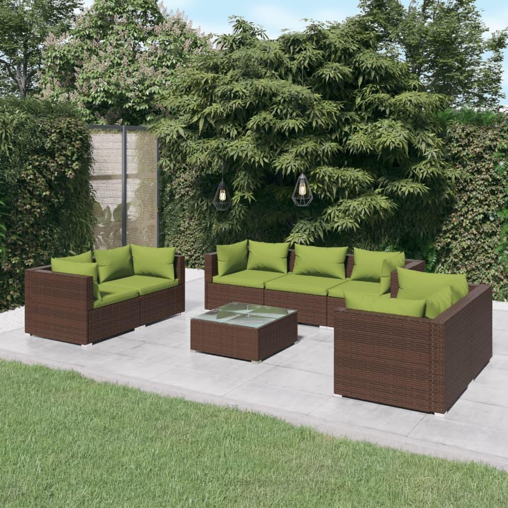 Loungesæt til haven 8 dele med hynder polyrattan brun
