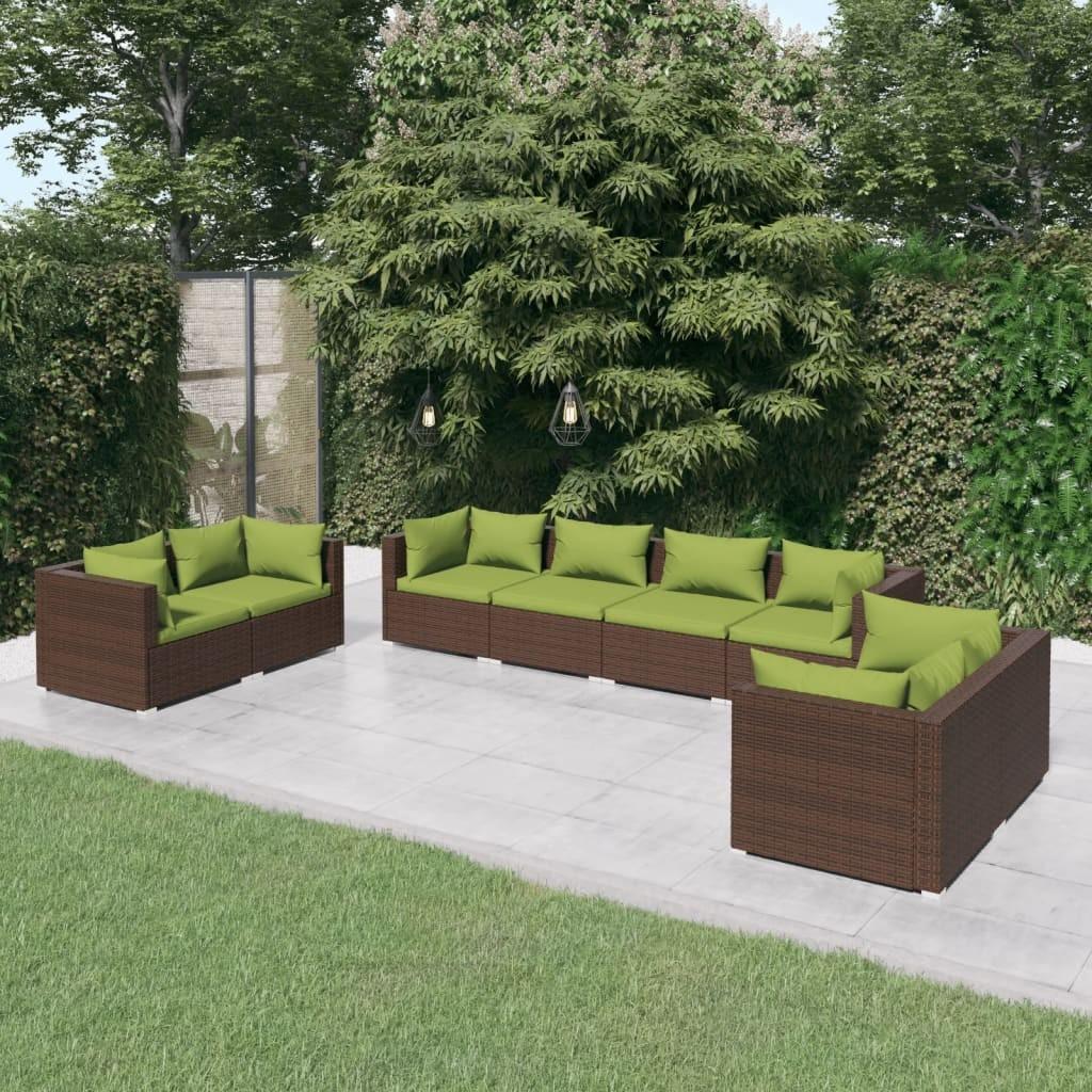 Loungesæt til haven 8 dele med hynder polyrattan brun