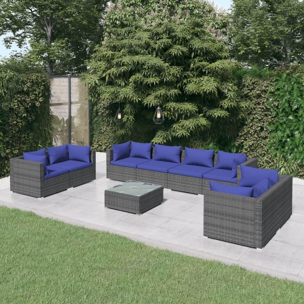 Loungesæt til haven 9 dele med hynder polyrattan grå