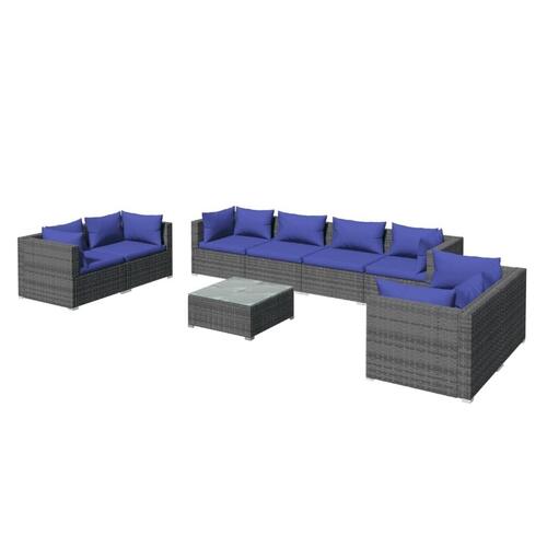 Loungesæt til haven 9 dele med hynder polyrattan grå