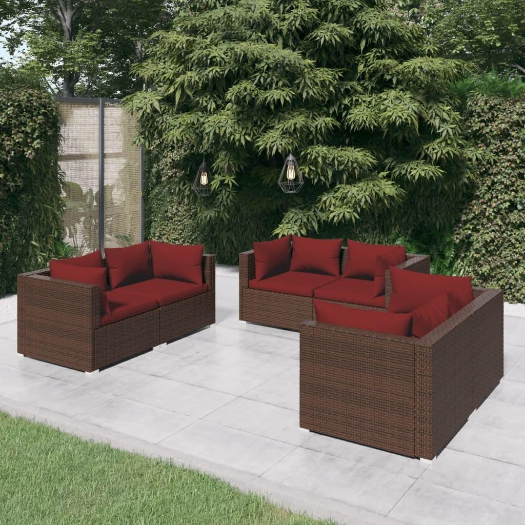 Loungesæt til haven 6 dele med hynder polyrattan brun