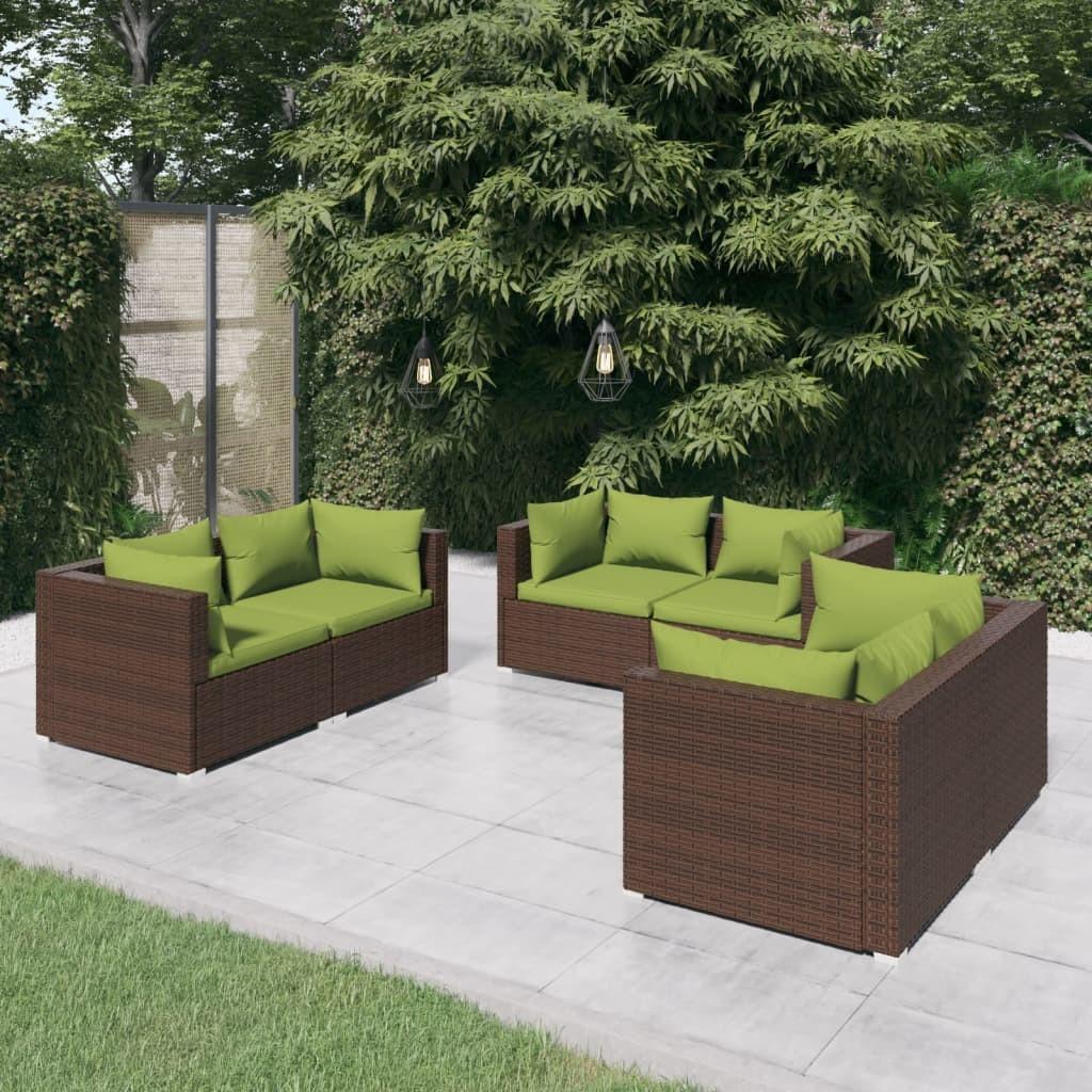 Loungesæt til haven 6 dele med hynder polyrattan brun