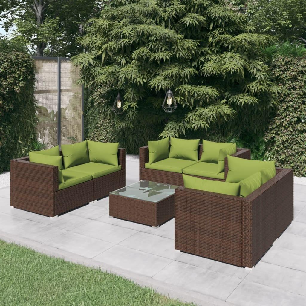 Loungesæt til haven 7 dele med hynder polyrattan brun
