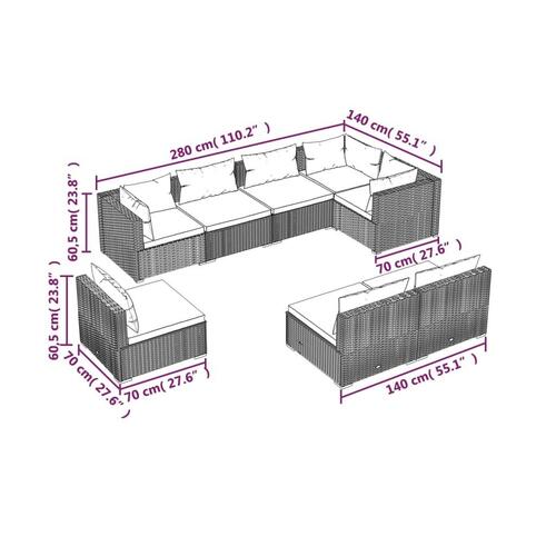 Loungesæt til haven 8 dele med hynder polyrattan brun