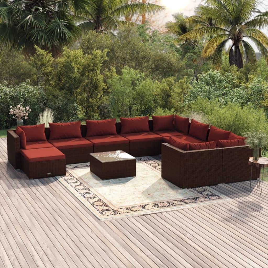 Loungesæt til haven 11 dele med hynder polyrattan brun billede