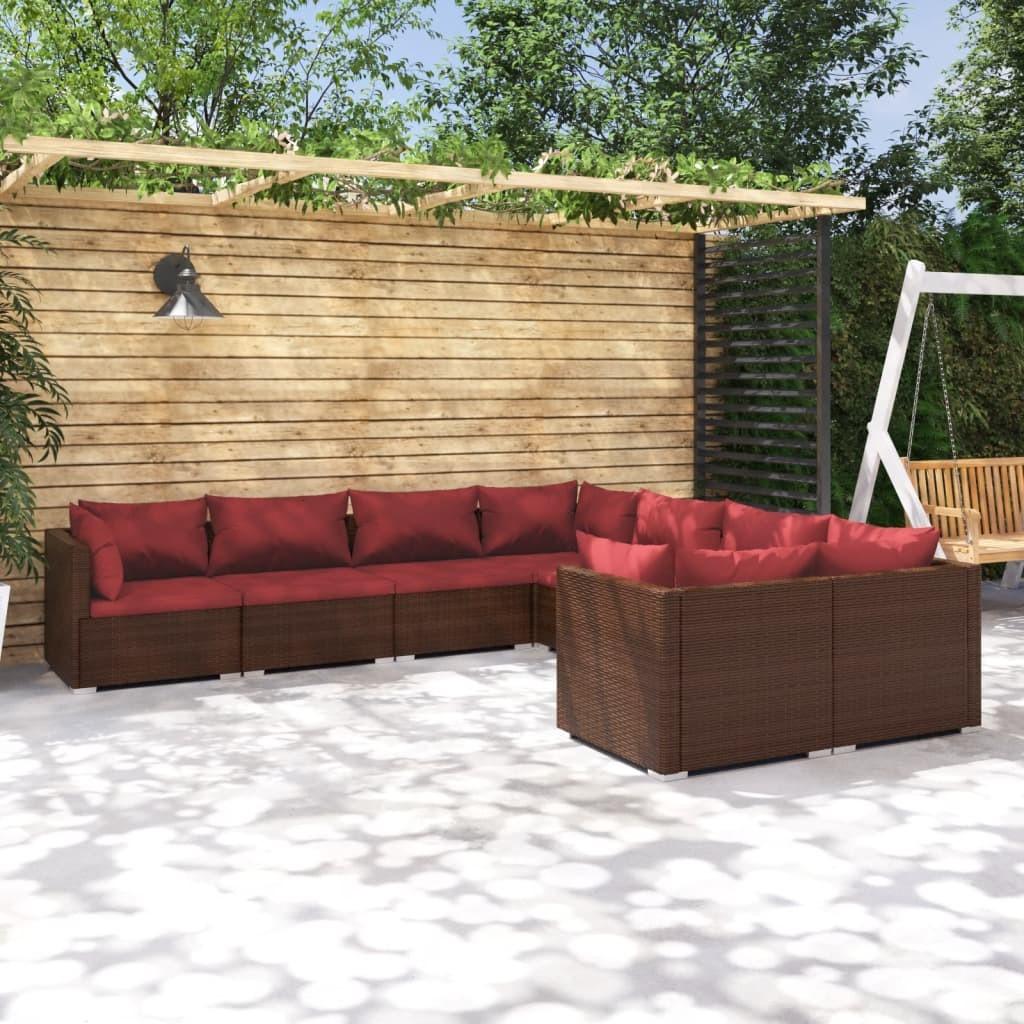 Loungesæt til haven 8 dele med hynder polyrattan brun billede